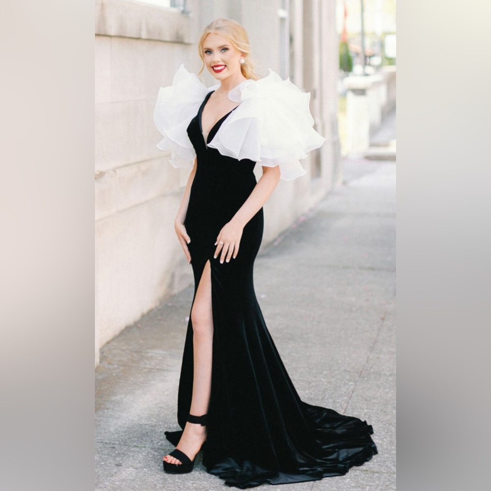 Velvet Gown with Shoulder Ruffle Detail